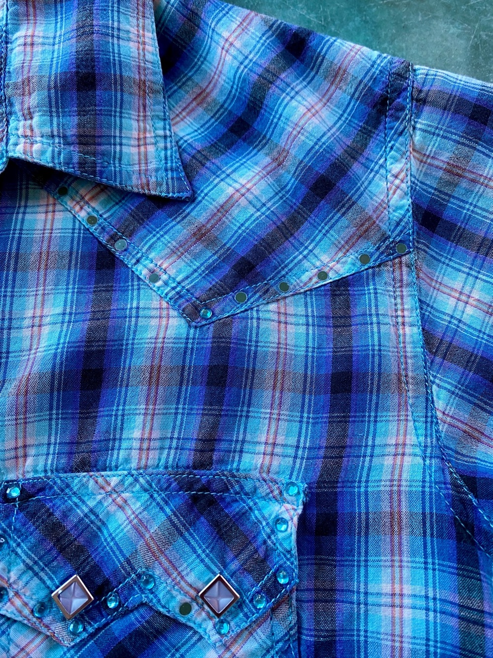 Panhandle Slim Blue Plaid Short-Sleeve Snap-Down Shirt - Picture 12 of 12